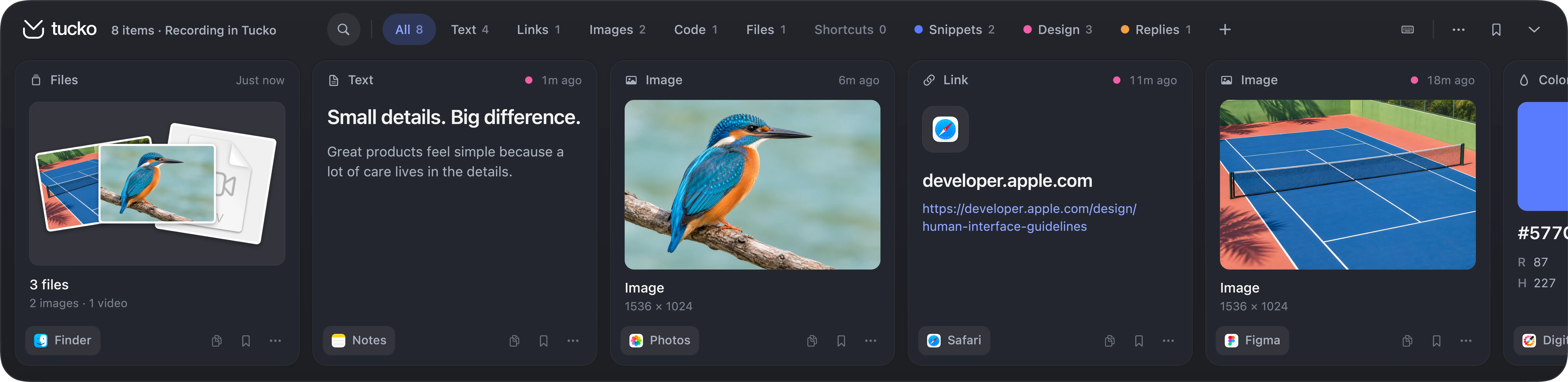 Tucko’s visual clipboard shelf with separate cards for text, images, links and code